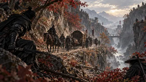 山峡栈道上行进的旅人与车队